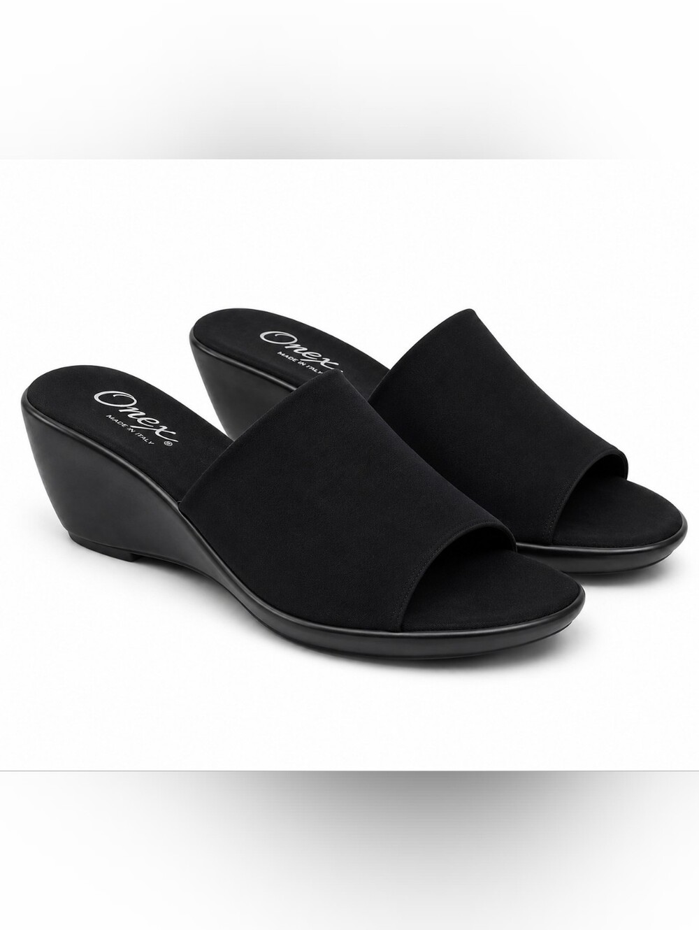 NWOT Onex Rory Italy Black Stretch Wedge Slide Sandals Comfort 9 Lightweight
